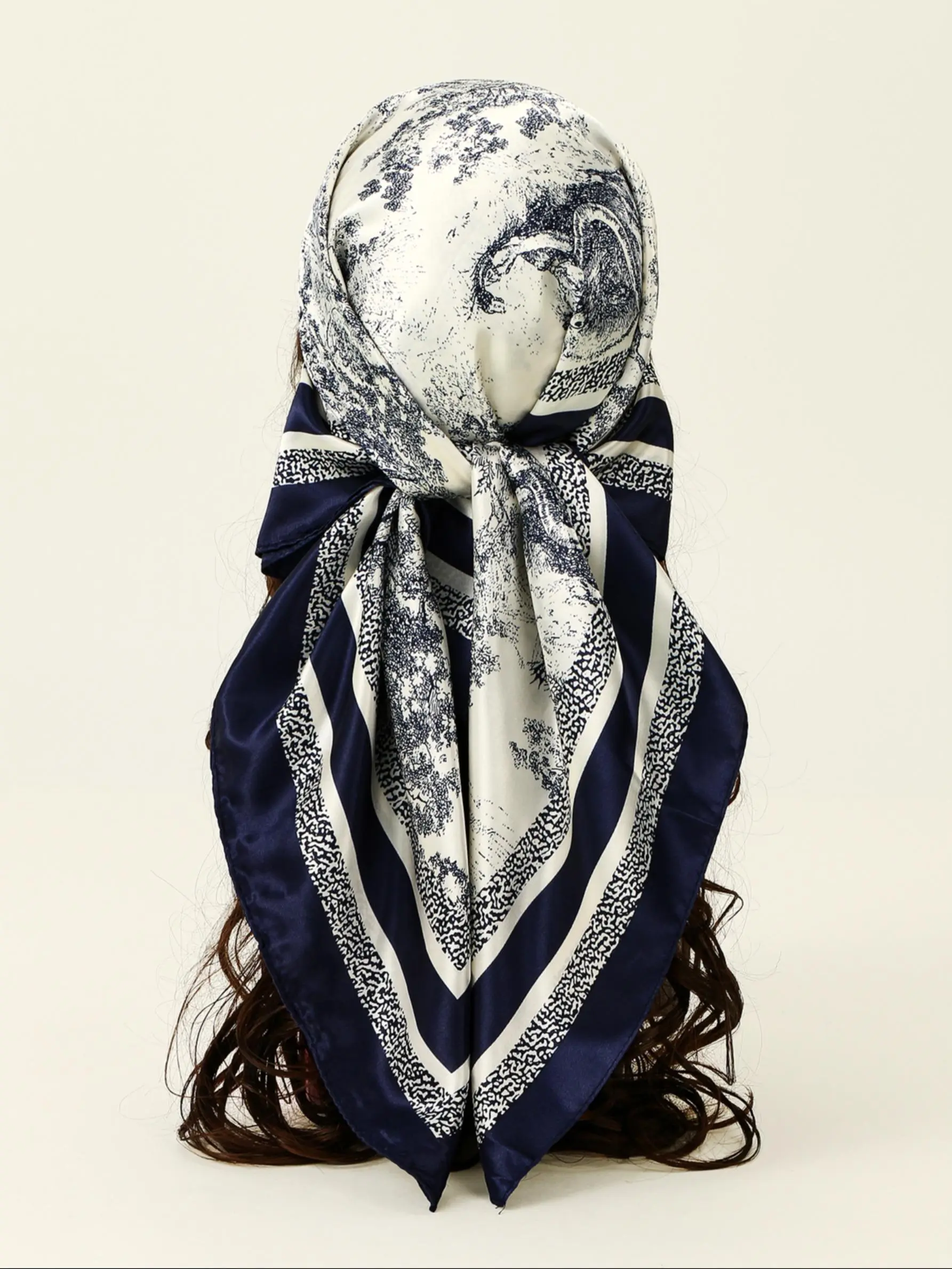 1pc and Porcelain Satin Scarf for Women, Square Muslim Headscarf 90*90cm, Stylish Printed Fashion Accessory, Fashion Shawl Wrap, Fashion Hair Scarves