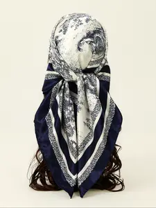 1pc and Porcelain Satin Scarf for Women, Square Muslim Headscarf 90*90cm, Stylish Printed Fashion Accessory, Fashion Hair Scarves