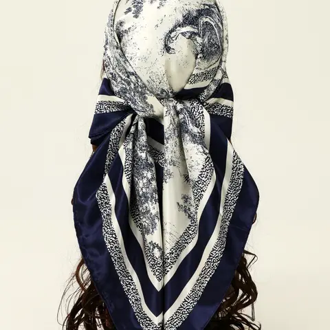 1pc and Porcelain Satin Scarf for Women, Square Muslim Headscarf Cover 90*90cm, Stylish Printed Fashion Accessory, Fashion Hair Scarves