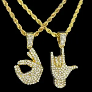 MaxBling81 OK & I LOVE YOU Hand Sign CZ Iced Pendant & 4mm 24" Long Rope Chain Hip Hop Rapper 2-Piece Necklace Set, 14K Gold/Silver Plated High-Quality Polished
