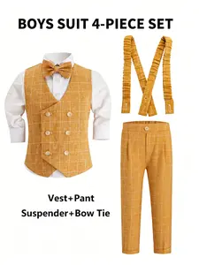 Boys Plaid 4-Piece Suit Vest Pants Suspenders Bow Tie, British Double-breasted Formal Outfit, 5 Colors Available, Shirt Not Included