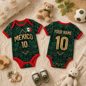 [Custom Pls Note] - Personalized Mexico Baby Soccer Bodysuit, Custom Name Number Infant Outfit, Green Gold One Piece