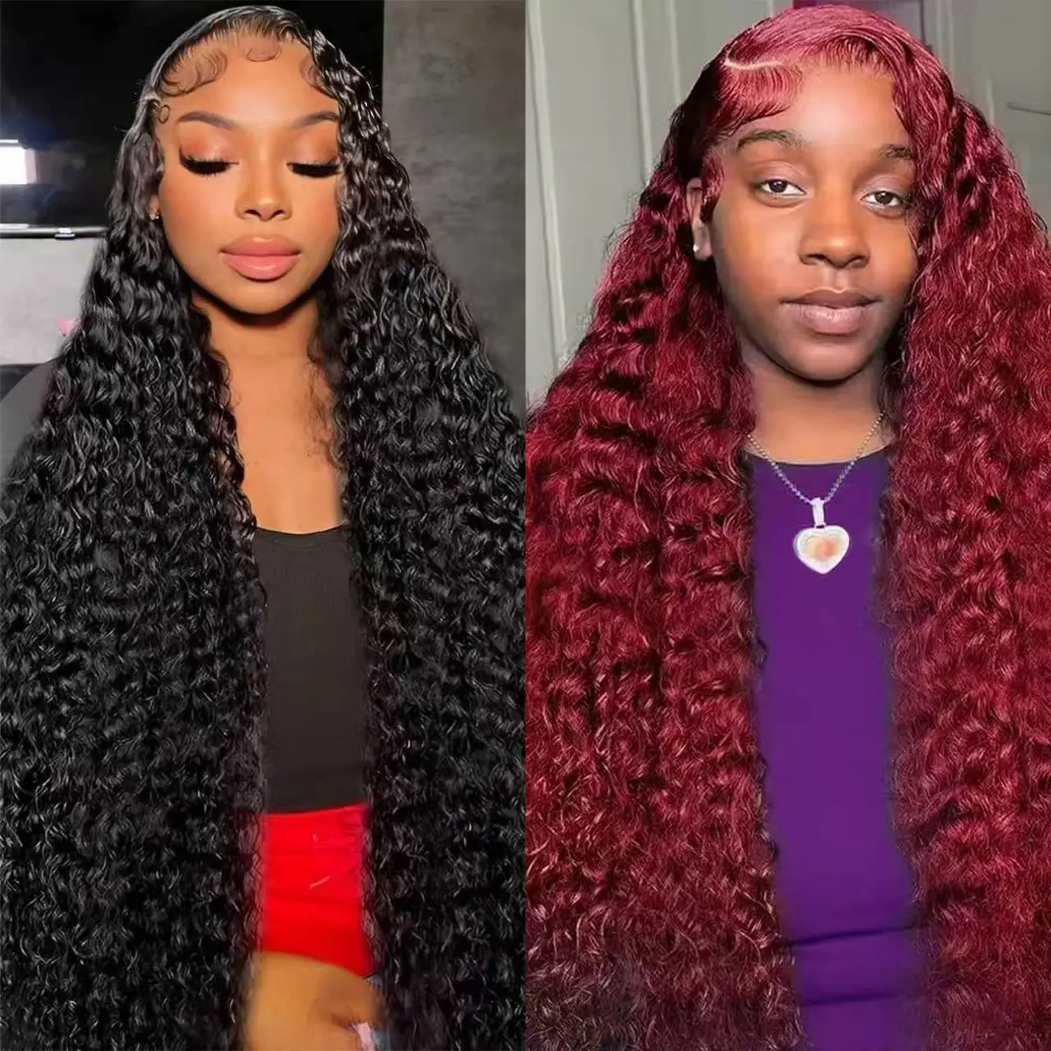 [Live Combo Deep Sale 28"&22"] 2Pcs Deep Wave Human Hair Wigs, Natural Black + 427/99J Color, 13x4 HD Lace Front, Pre-Plucked, 180% Density for Black Women