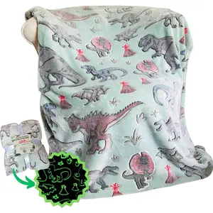 Dinosaur Throw : Glow in The Dark, Cozy, Soft, Warm, Fleece Dino  for Boys and Girls with T Rex, Velociraptor, Pterodactyl, and More, 50" x 60" (Olive)