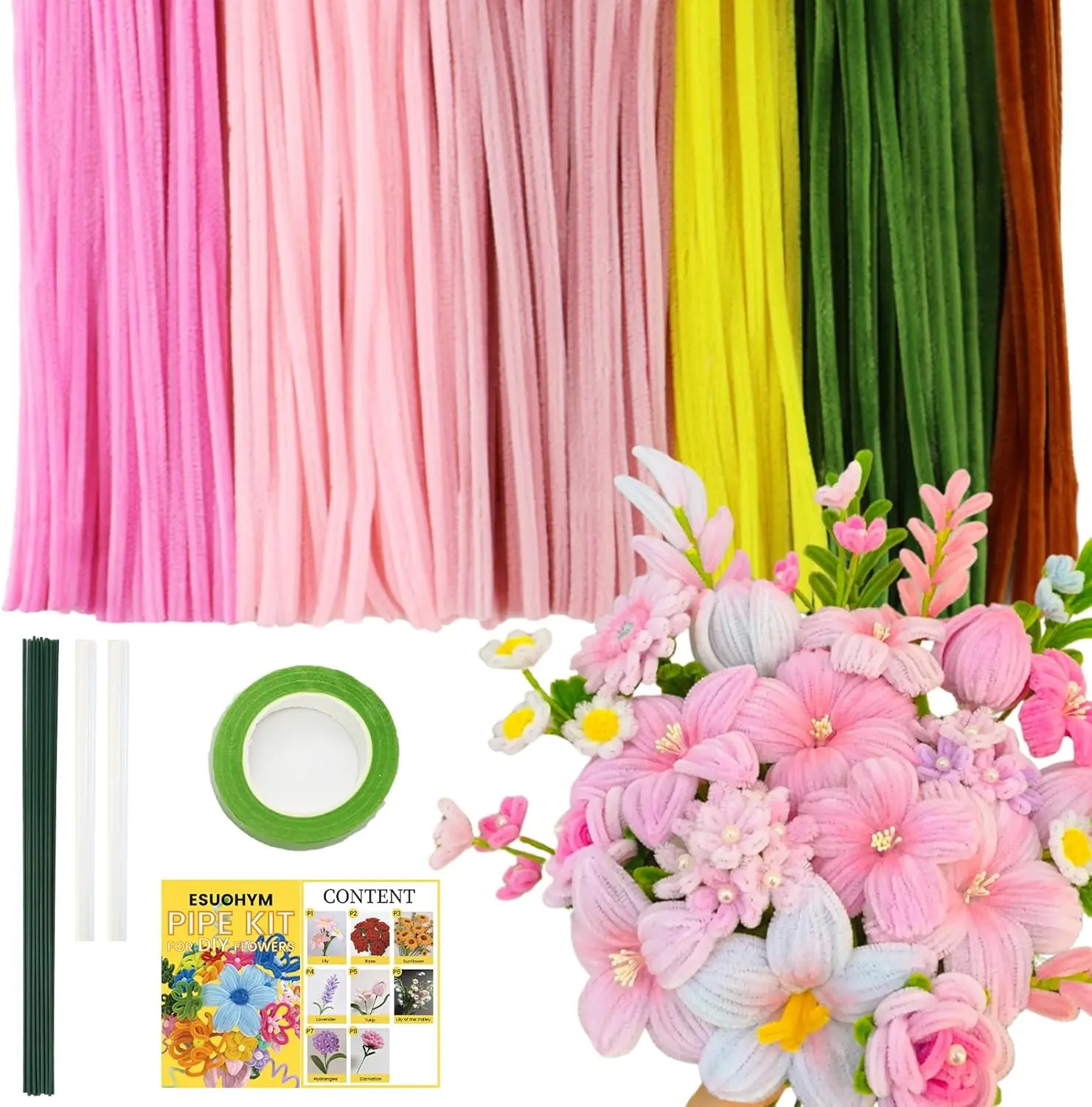 601PCS Pipe Cleaners Craft Flower Kit - Fluffy Fuzzy Sticks Pack Pipe Craft Kits with Instructions, Floral Stem, Floral Tape, Arts and Craft Supplies