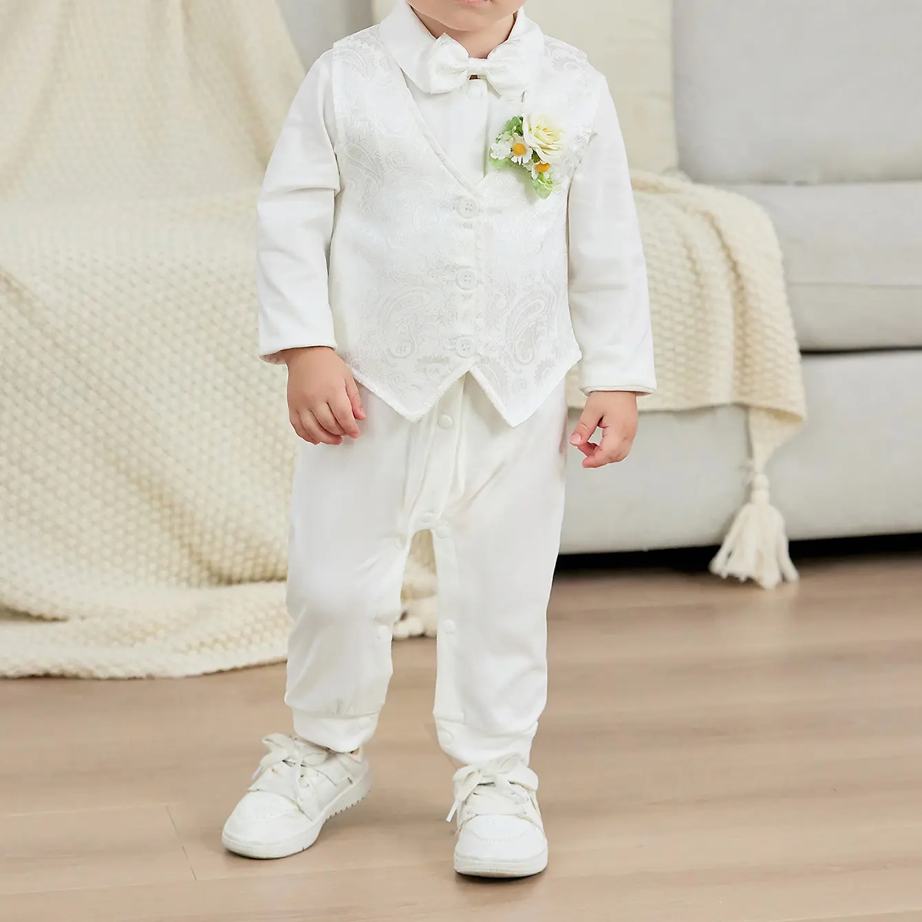 Baby Boy White Gentleman Outfit for Christening Wedding Formal Long-Sleeve Jumpsuit + Vest, 0–24 Months Cute Romper Clothes Sets