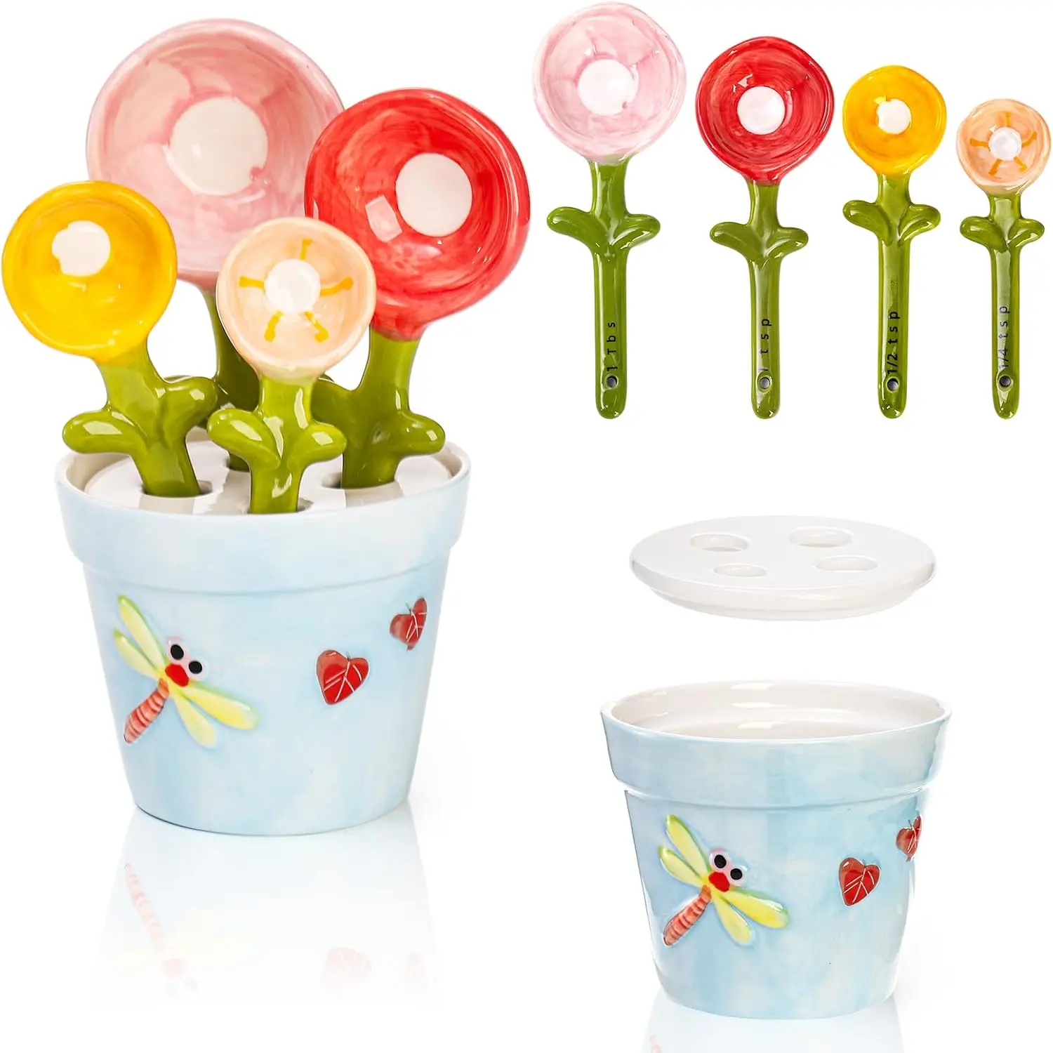 5 count Ceramic Measuring Spoons and Cup, Flower Baking Scale Spoons with Base Set for Dry and Liquid Ingredient, 1/4 tsp, 1/2 tsp, 1 tsp, 1 Tbsp