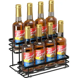 8 Bottle 2 Tier Coffee Syrup Organizer Rack Stand for Coffee Bar Countertop, Small Wine Rack for Family, Storage for Syrup Dressing, Black
