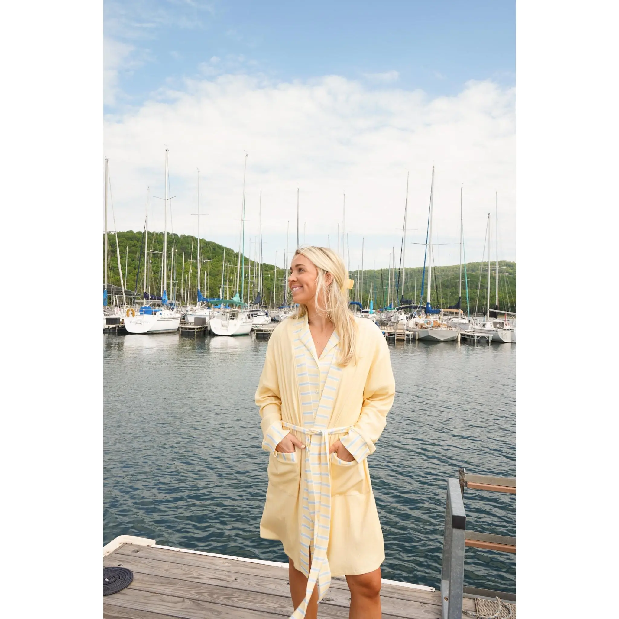 Butter & Blue Stripes Ribbed Bamboo Lounge Robe