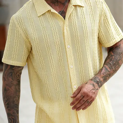 Men's Knit Jacquard Soft Classic Casual Button Collared Front Shirt, Menswear, Summer Fitted Style, Thin Fabric, Breathable Short Sleeve Casual Wear, Perfect for Daily Wear, Streetwear, Home, Holidays, Dates, Tops, Breathable Casual Clothing