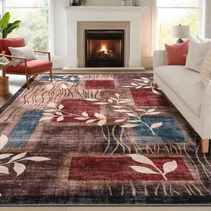 GARVEE Washable Rug 8x10 Area Rugs for Living Room Geometric Carpet Floral Rug Stain Resistant Rug Non-Slip Ultra-Soft Room Decor Plaid Rug for Dining Room Guest Room Office Farmhouse 8x10 Red