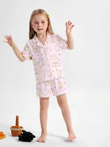 Easter Bunny Print Kids Fire Retardant Fabric Sleepwear Set, Cute Fashion Festival Party Pajamas, Short Sleeve Cardigan Top & Loose Shorts, Pastel Cute Pajamas