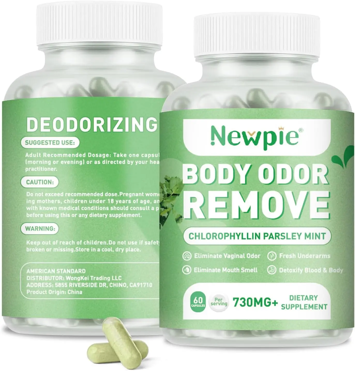 Newpie Dietary Chlorophyll Vitamin Capsules - Mint-Flavored Natural Detox Supplements with Herb Blend (Parsley Leaf, Green Tea), GMP-Certified Mineral Support, Gluten-Free, 60 Capsules for Adults