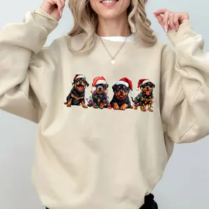 Rottweiler Dog Christmas Sweatshirt, Cute Dogs With Christmas Lights & Santa Hat Sweater, Funny Gift for Dog Lovers, Dog Owner Christmas Tee, Dog Mom Shirt, Xmas Pet Animal Dog Gifts Crewneck Sweatshirts