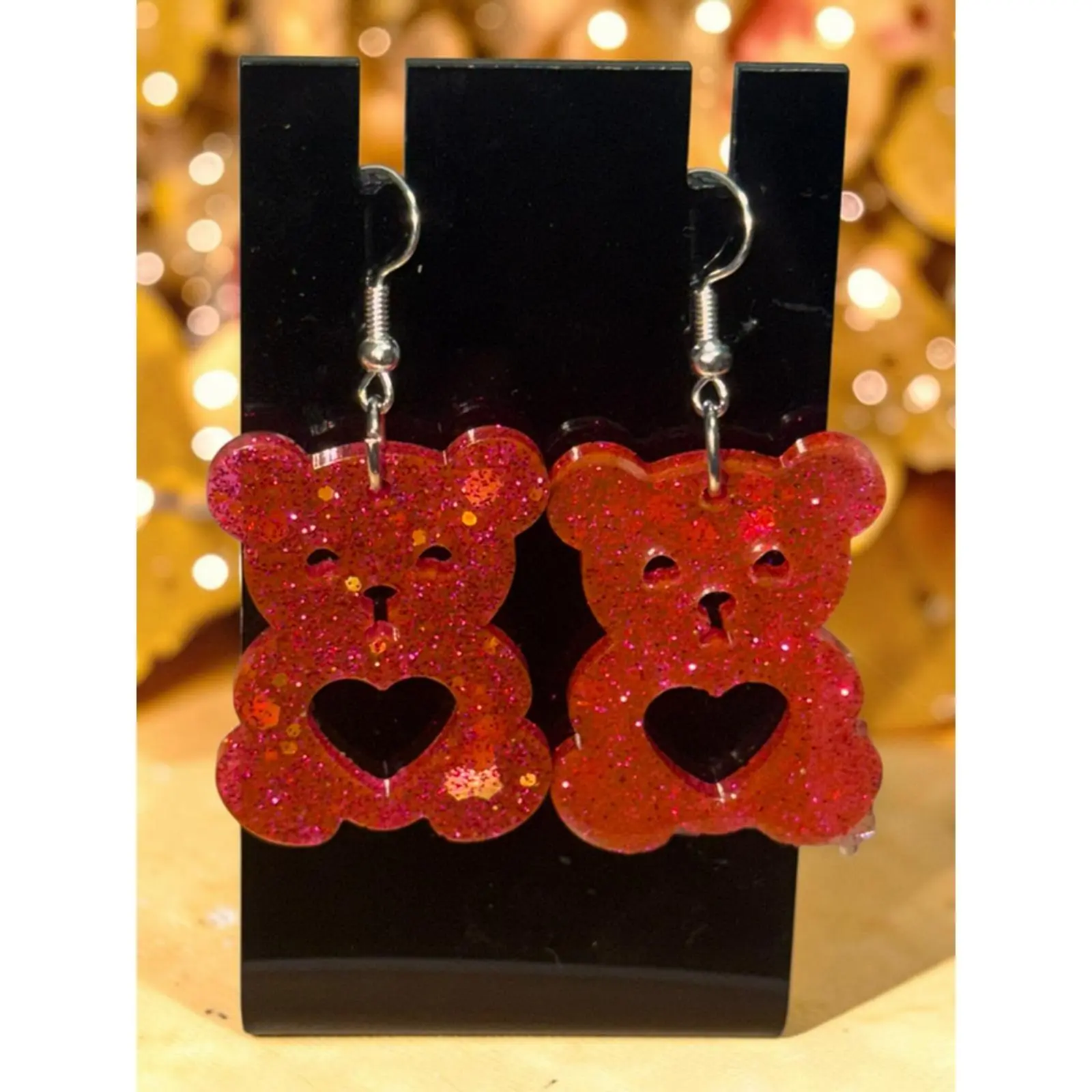 Angel Trumpet LLC Handmade Pink Glitter Teddy Bear Heart Resin Earrings - Cute Kawaii Statement Jewelry with Silver-Tone Fishhook Wires