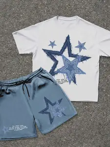 Men's Star Print Geometric Y2K Vintage Set, Loose Fit Tee & Drawstring Shorts, Street Style Festival Skate Summer Casual Streetwear Outfit