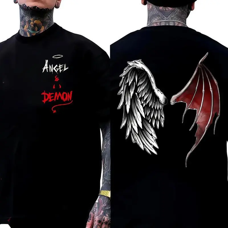 Angel Demon Wings Tee 100% Cotton Double-sided Printed Black Dark Street Style Unisex Loose Fit Y2K Vibe Casual Outfit,tees,T-Shirt for Men Women