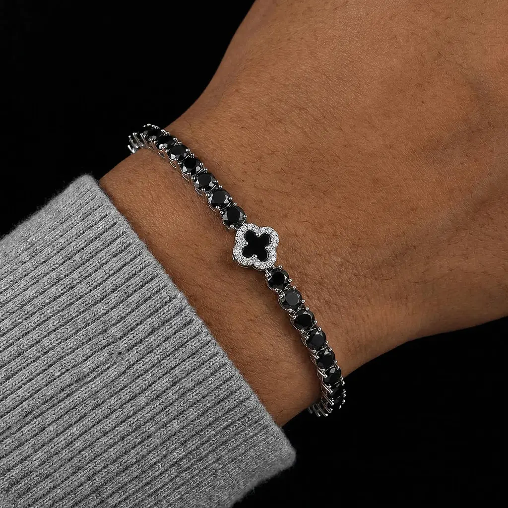 HELLOICE Iced Out Black Four Leaf Clover Tennis Bracelet