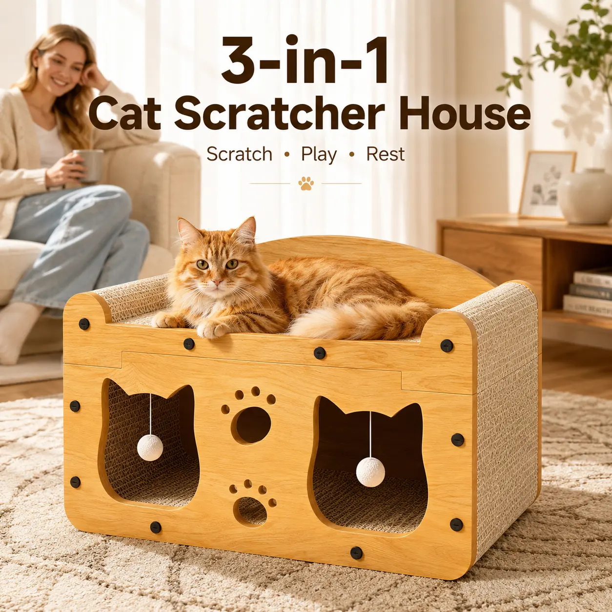3-in-1 Cat Scratcher House with Catnip, Corrugated Cardboard Cat Scratcher Bed, Hideout Lounge with Toy Balls for Indoor Cats