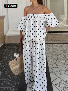 Women's Casual Polka Dot Loose Fit Crop Top & Wide Leg Pants Set, Natural Waist Short Sleeve Two-Piece for Daily Wear, Womenswear