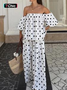 Women's Casual Polka Dot Loose Fit Crop Top & Wide Leg Pants Set, Natural Waist Short Sleeve Two-Piece for Daily Wear