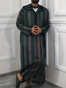 Men's Colorblock Striped Print Zipper Hooded Kaftan, Loose Casual Long Sleeve Muslim Clothing for Spring & Fall, Fashion Men's Islamic Clothing for Daily Wear