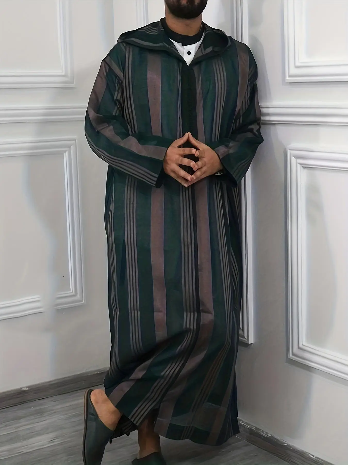 Men's Colorblock Striped Print Zipper Hooded Kaftan, Modesty Loose Casual Long Sleeve Muslim Clothing for Spring & Fall, Fashion Men's Islamic Clothin