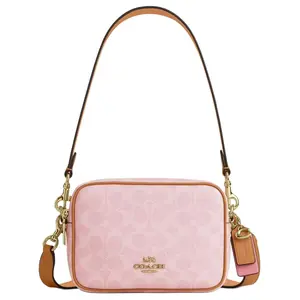 COACH Carey 18 Valentine's Day Limited Edition Monogram Crossbody Bag with Dual Zippers and Leather Tags for Women in Pink
