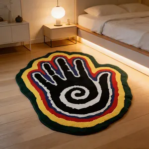 Ethnic style spiral palm shaped carpet rainbow contrasting velvet floor mat, bedroom bedside anti slip and wear-resistant foot mat, living room personalized decorative mat suitable for ins style/bohemian home decoration