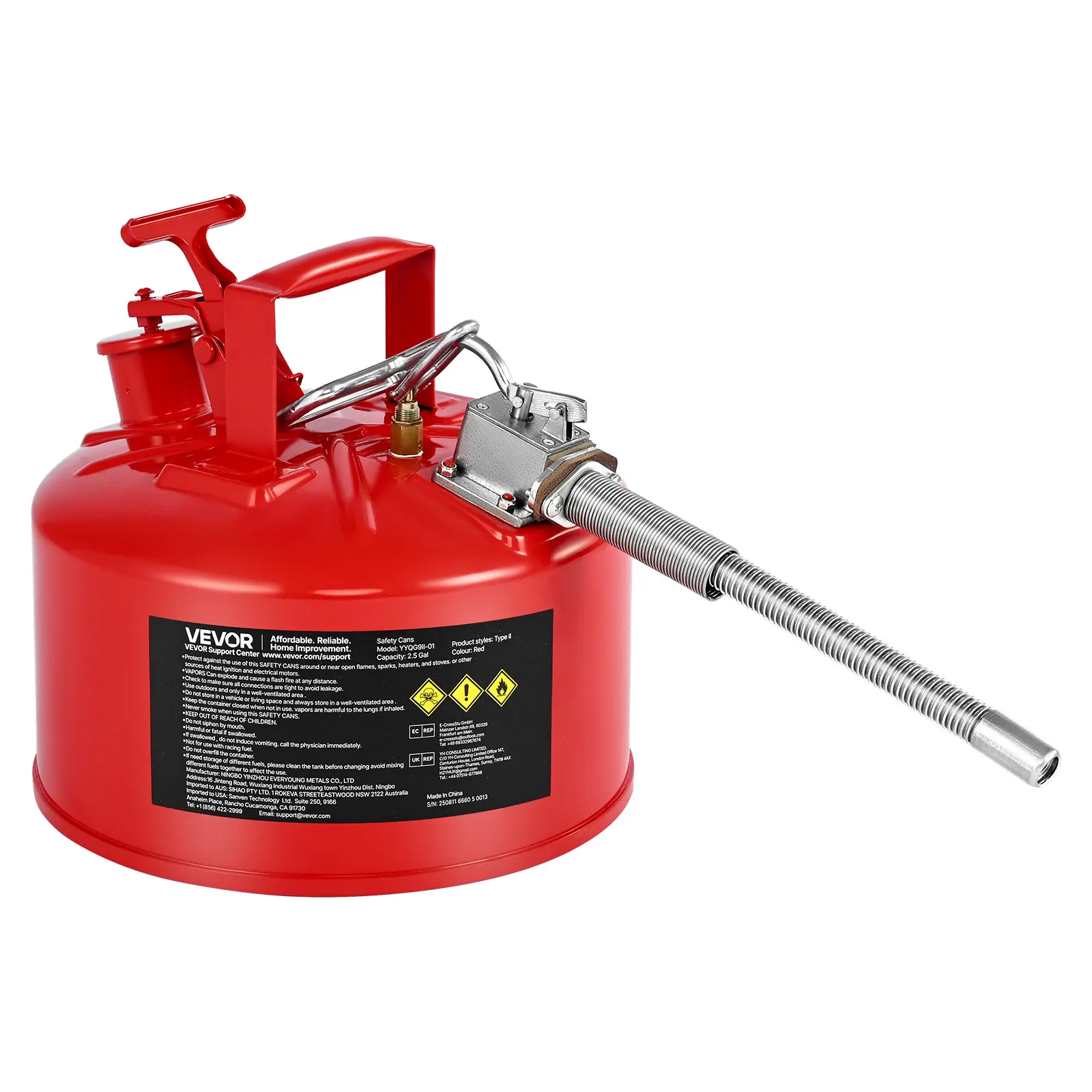 【SummerFinds】VEVOR Safety Gas Can, 2.5 Gallon Type II Red Safety Can for Gasoline with Stainless Steel Flame Arrester, Self-Closing Lid & Flexible Metal Spout, Carbon Steel Flammable Storage with Ergonomic Handle
