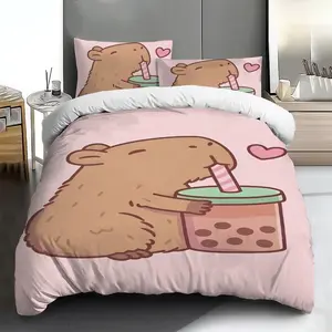 Bedding set - 2PCS/3PCS 2D Flat Printing Capybara Drinking Bubble Tea Patterned duvet cover set (1 duvet cover + 1/2 pillowcases, no filling), multi-color printed bedding set, soft and comfortable, suitable for family bedrooms and guest rooms.