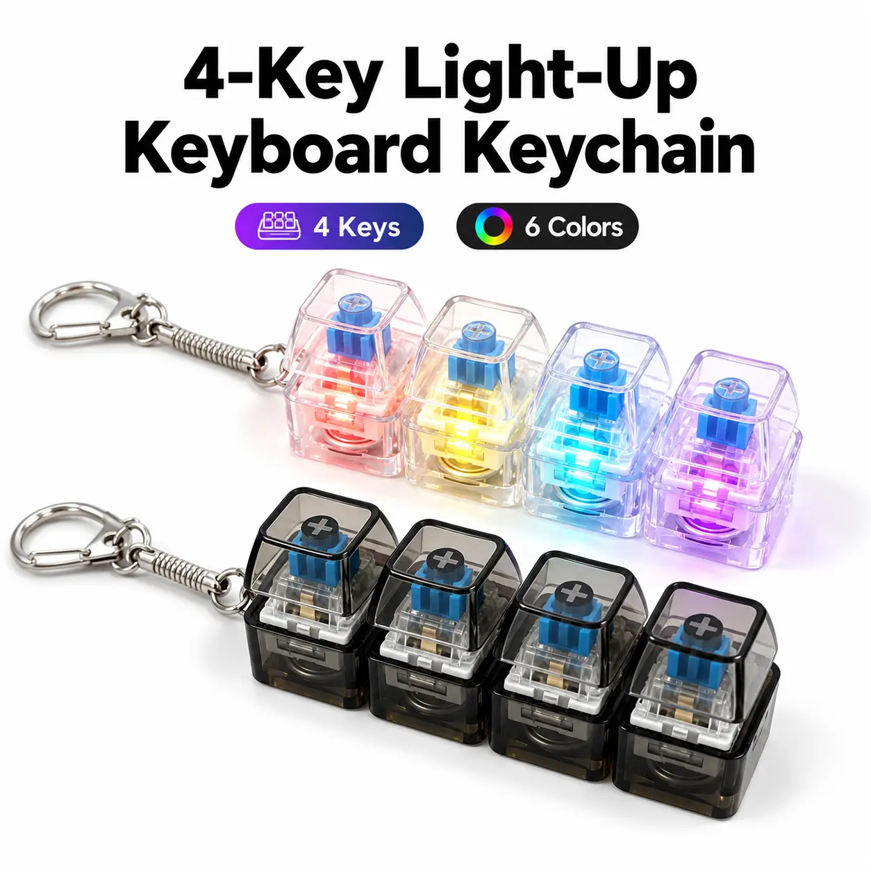 Keyboard Fidget Toy with Mechanical Switch, 2 Pack LED Light Keychain Clicker Toy, Stress Relief Anxiety Fidget Gadget, Transparent Keycap Sensory Toy for Adults, Fun Office Desk Accessories Gift