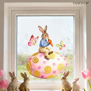 A set (30*40cm) of Easter bunny sitting on an Easter egg and nibbling a carrot, with gold stamping window stickers to decorate festival living rooms, rooms, windows, display windows, bathroom glass doors. Self-adhesive. CA20004