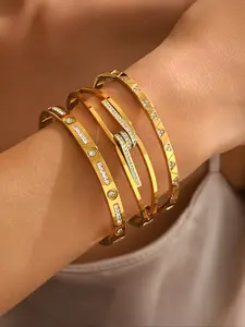 Trendy geometric diamond stainless steel bangle bracelet stacking set | Trendy Geometric Bling Bracelet Set | Luxury Shiny Jewelry for Women | Must-Have Elegant Accessories (Daily/Party Wear)