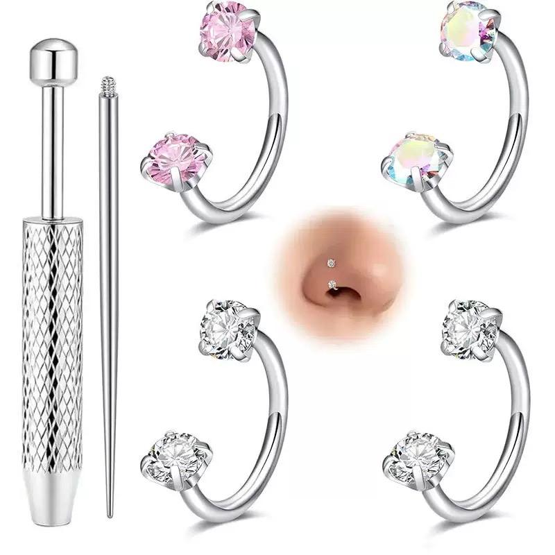 20G 0.8mm 8mm Horseshoe Nose Hoop Internally Threaded Gems Nose Ring with Free Ball Holder for Piercing