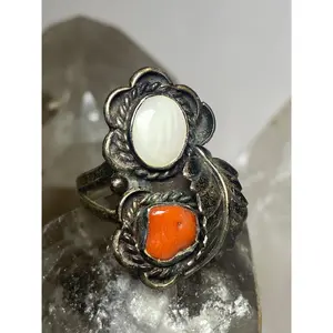 Coral ring MOP size 9.50 Navajo feathers sterling silver women
