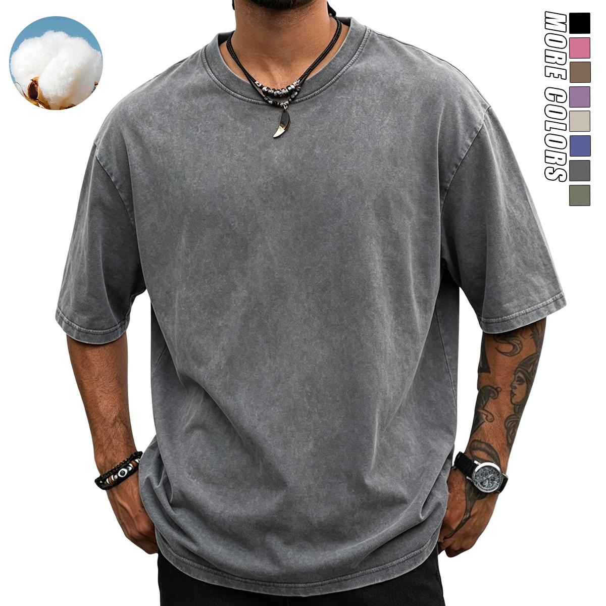 Men’s 4-piece pure cotton crew neck vintage washed T-shirt set — soft, loose T-shirts suitable for casual everyday wear; classic crew neck design.