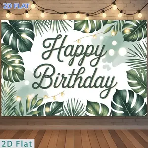2D Flat Banner 1pc, [party Backdrop] Banner, Green Tropical Leaf Happy Birthday String Light Backdrop Polyester Backdrop, for Party Decor Farm, Garden, Home, Room, Club, No Electricity, This Is an Excellent G