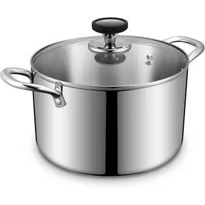 Tri-Ply Stainless Steel Stock Pot, 8 Quart Heavy Duty Induction Cooking Pot with Visible Lid for Pasta, Soup, Spaghetti, Sturdy & Double Handle, Dishwasher Safe