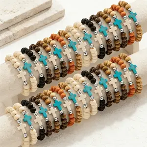 24Pcs Women' Vintage Bohemian Wood Bead Bracelets with Elastic & Cross Charm Beads - Religious Symbol Suitable for Birthdays, Parties, Travel Gifts, Layered Stackable for Daily Wear & Vacation