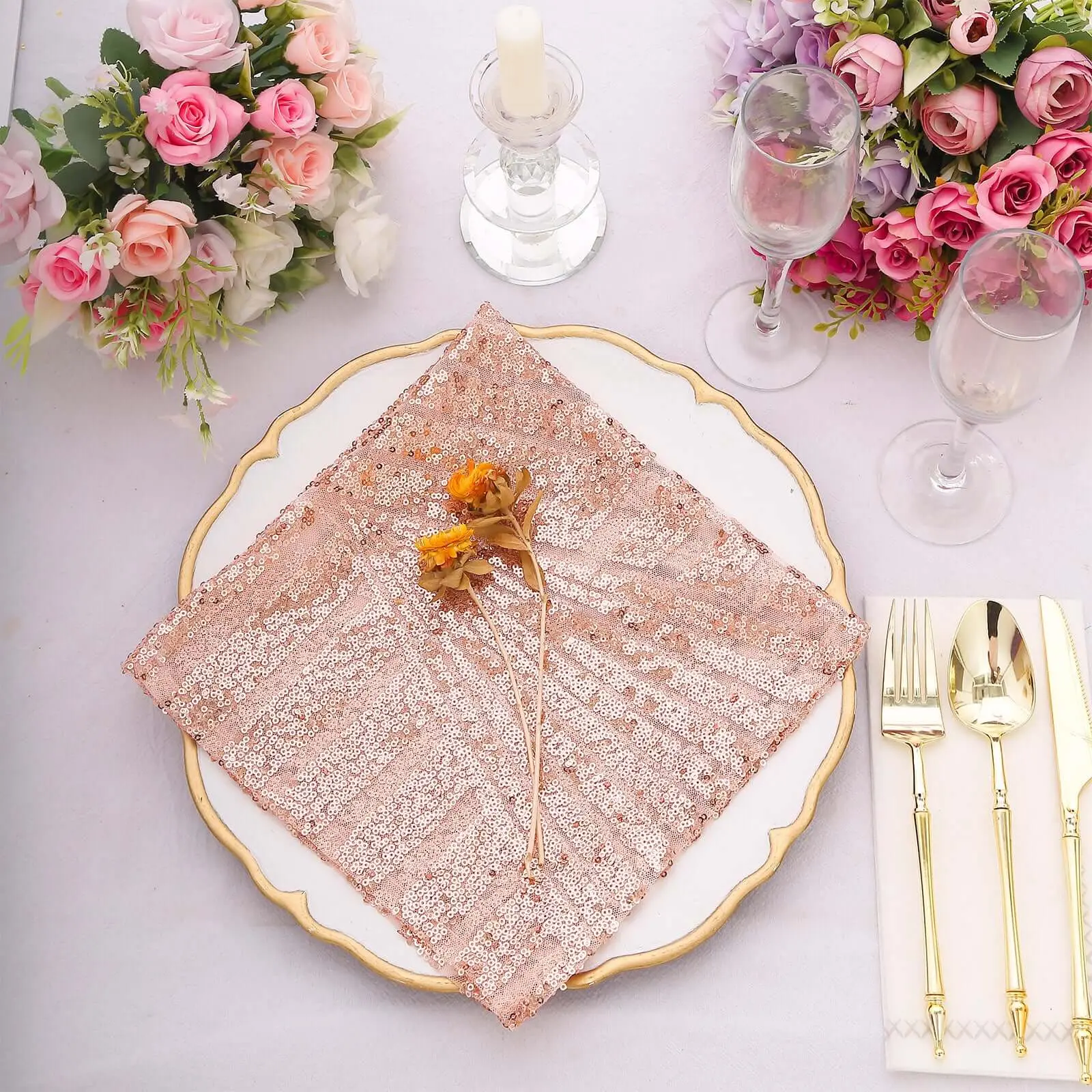 Blush Pink Reusable Sequin Fabric Napkins - 20x20in Square Geometric Diamond Pattern Tableware, Ideal for Weddings & Receptions