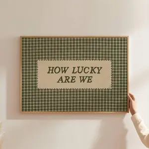 How Lucky Are We Horizontal Print Green Gingham Textile Wall Art, Vintage Country Home Decor 1 ( Unframe)