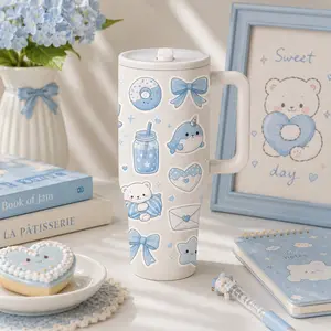 1 Pc 40 Oz Blue Dream Bunny Stainless Steel Insulated Tumbler with Handle and Flip Lid, Double Wall Vacuum Thermal Travel Mug, Hot 12H/ Cold 24H, Sweet Blue Cartoon Style Drinkware, Perfect for Coffee, Milk Tea and Everyday Use.