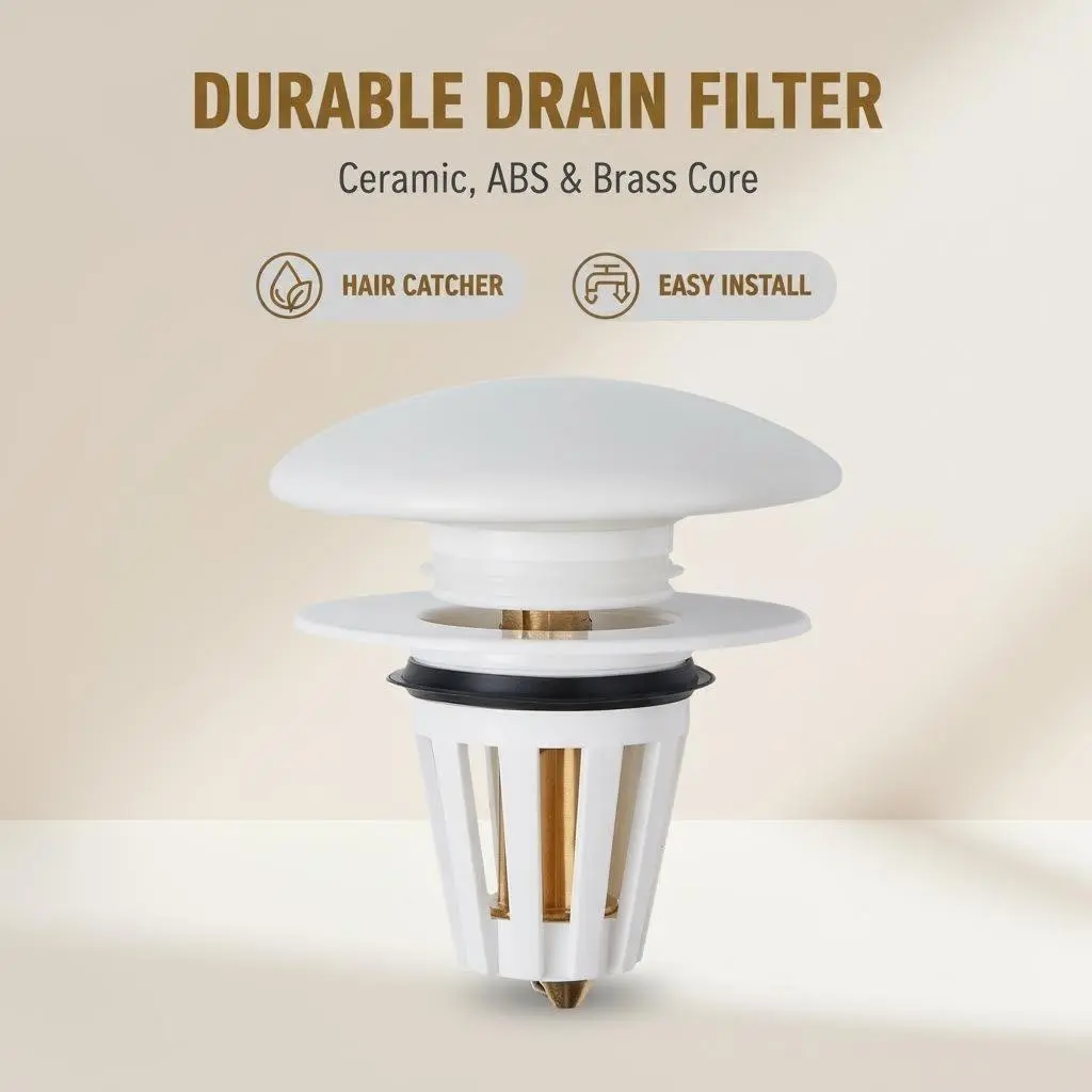 Ceramic Bathroom Sink Stopper Hair Catcher, Pop-Up Sink Drain Filter with Filter Basket, Bathroom sink drain plug, Durable ABS & Brass Core, Easy-to-Install, Fits 1.34" Bathroom Gadget