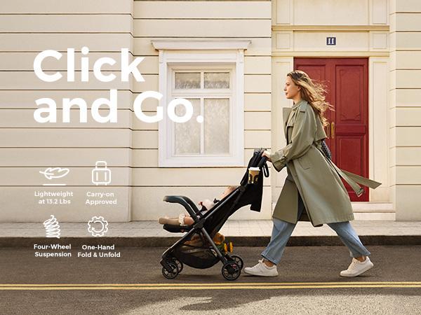 Momcozy ClickGo Lightweight Stroller, Compact Travel Stroller for Airplane with One-Click Fold, Baby Stroller and Toddler Stroller with Large Canopy for Kids from 6 Months to 50 Lbs