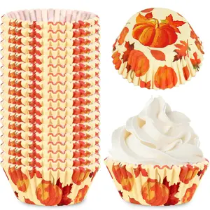 300 Pcs Fall Cupcake Liner Watercolor Pumpkin Maple Leaves Paper Baking Cup Autumn Harvest Muffin Cupcake Wrapper for Thanksgiving Party DIY Crafts Supplies