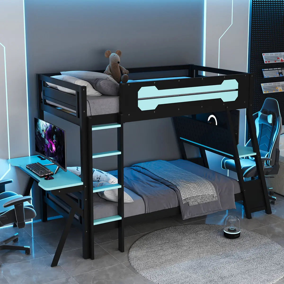 Bunk Beds Frame with Desk, Twin Over Twin Gaming Bunk Bed with Two Built-In Gaming Desks, USB Desktop Ports & Pegboard Organizer, Solid Wood Loft Bunk Bed Frame, Study & Play Space, Blue