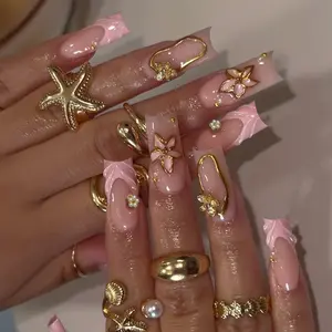 24pcs Medium Square French Gel Nails, Floral Alloy 3D Beads, Pearl Decor, Sweet European Style, Easy Wear Acrylic False Nails Set, Flower Design Nails