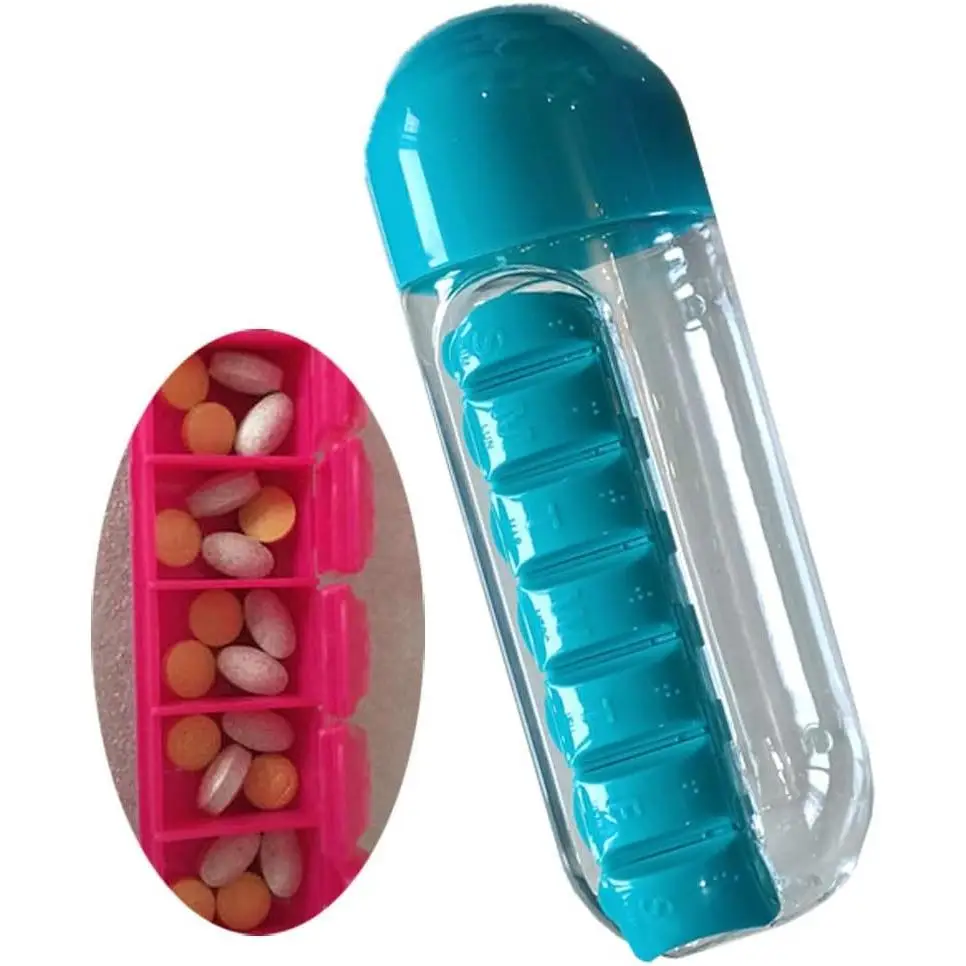 Everyday pillbox organizer and water bottle combo, pill tray travel mug.