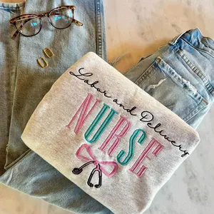 Labor and Delivery Nurse Embroidered Sweatshirt Cotton Crewneck, Coquette Bow Stethoscope Sweatshirt Pullover Embroidery, Nursing Gifts